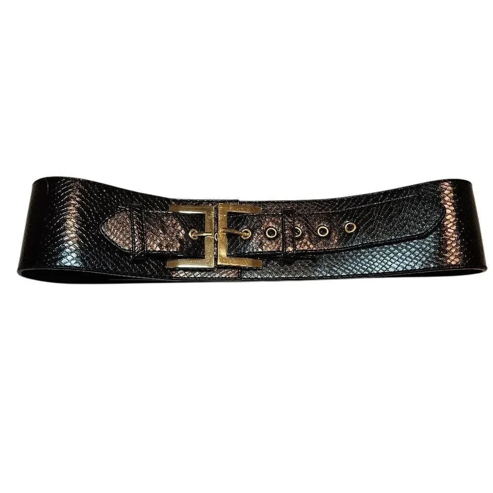 Y2K Black Faux Snakeskin Belt with Gold Buckle 26